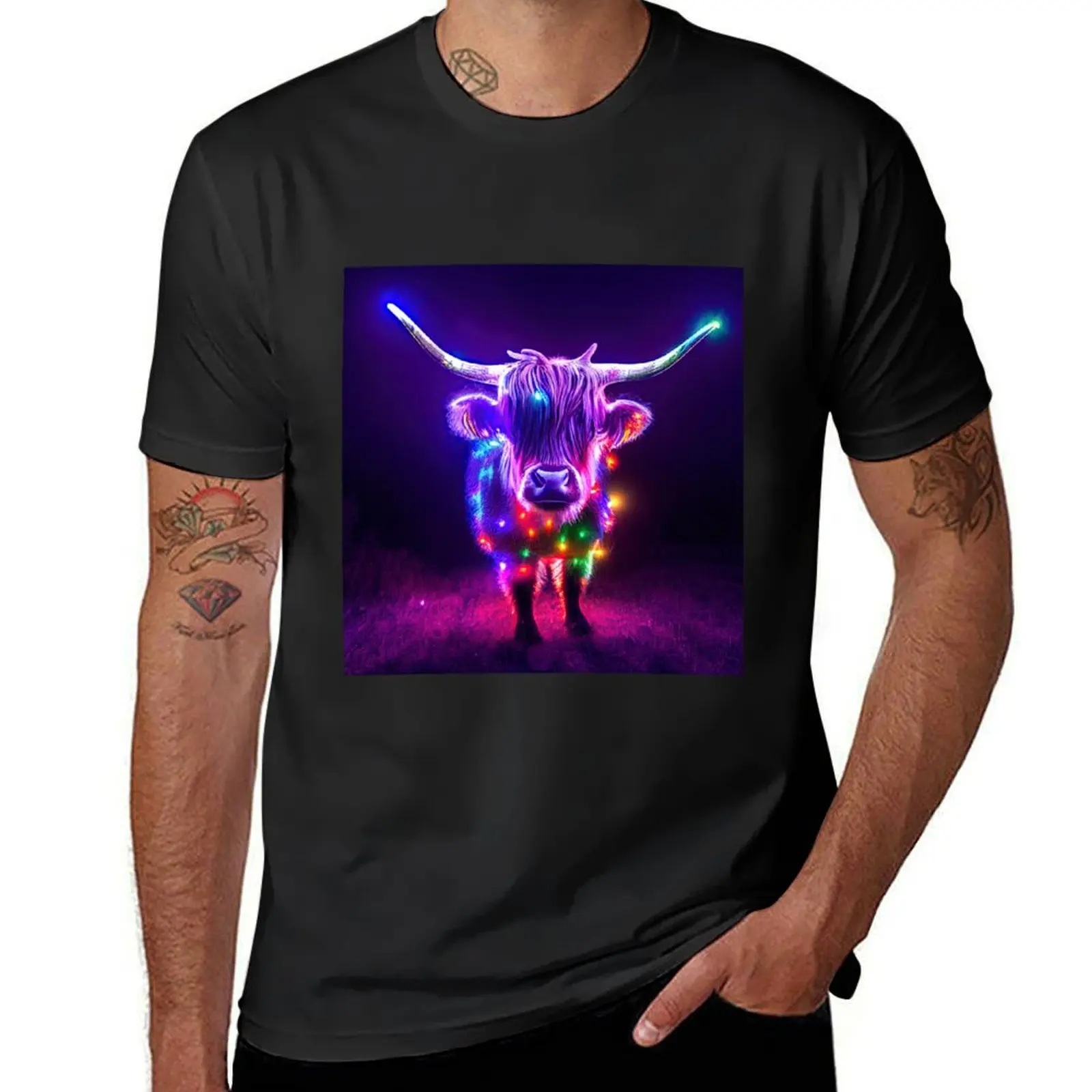 

Scottish highland cow in a garb of lights T-Shirt funny costumes aesthetic clothes new edition plus size clothes Men's t shirts