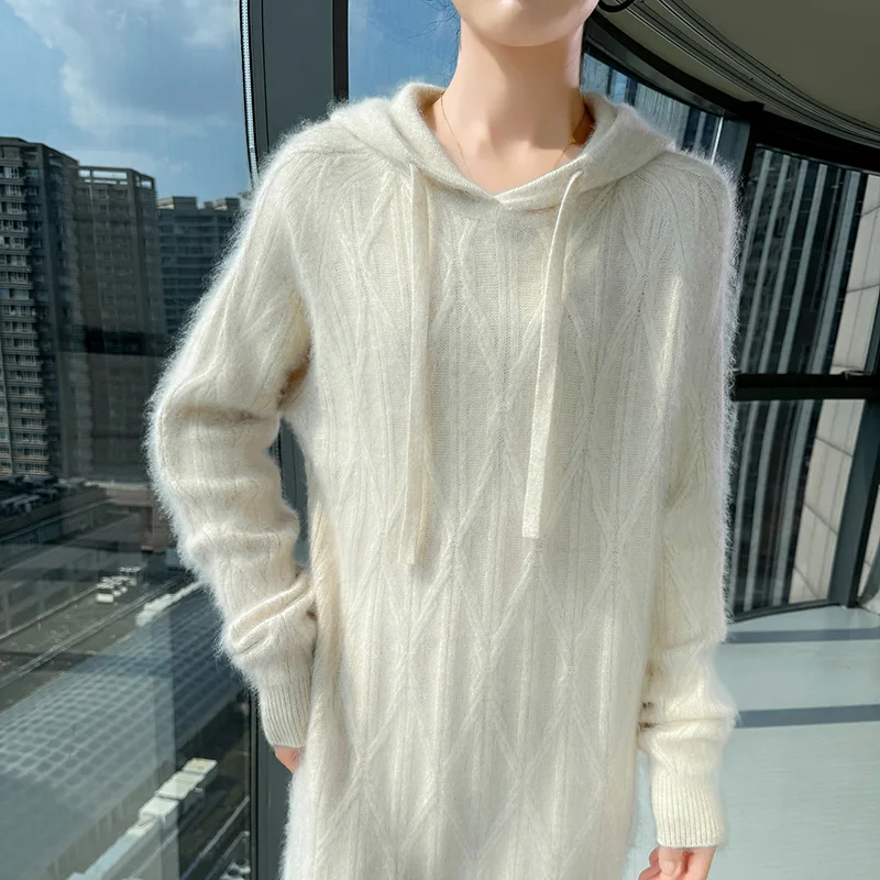 Women's sweater for winter warmth, 100% mink cashmere pullover hoodie, fashionable and trendy, elongated, solid color loose vers