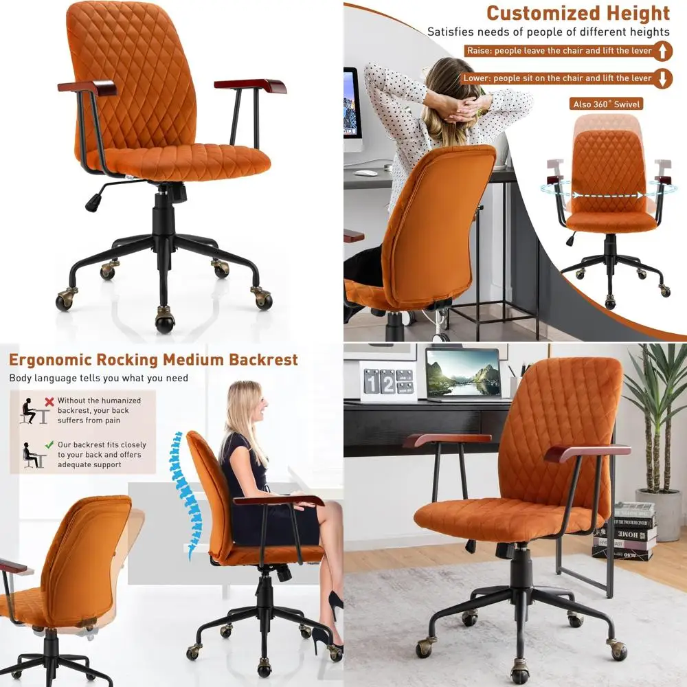 كرسي مكتب عتيق باللون البرتقالي لمنتصف القرن مع دوار قابل للتعديل ومسند ذراع دوار وعجلات نحاسية للترفيه #1