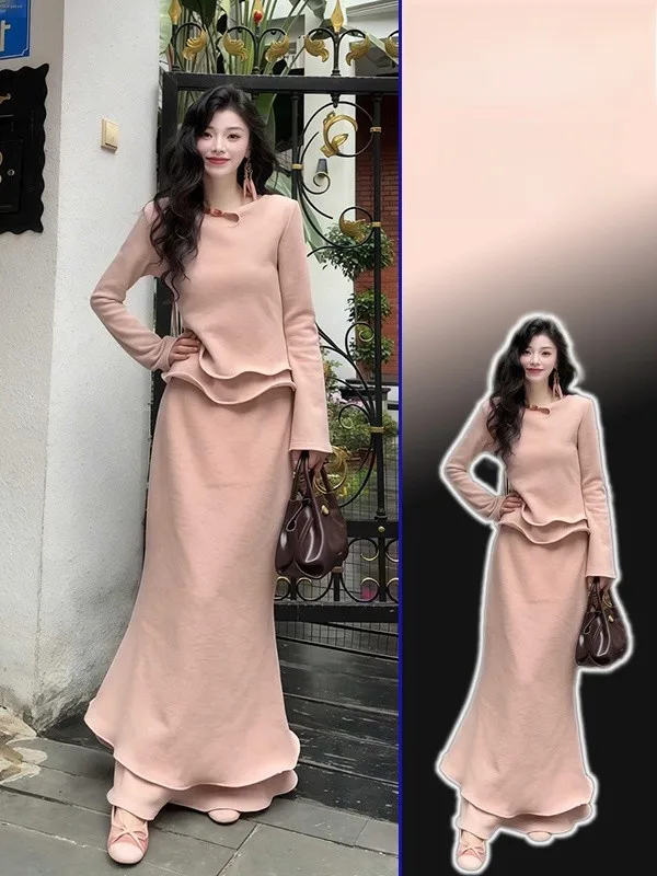 

plus Size Faionable Korean Sle Pink Set High Waist Skirt Slim Fit Top Spring Autumn New Arrival Youthful Gentle Wind