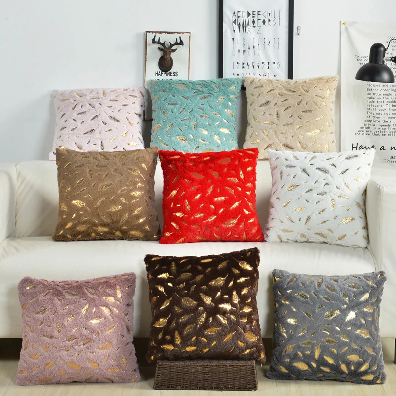 2pcs Faux Fur Foil Print Feather Decorative Throw Pillow Cover, Fluffy and Soft Plush Cushion Cover, for Sofa Bed, Living Room