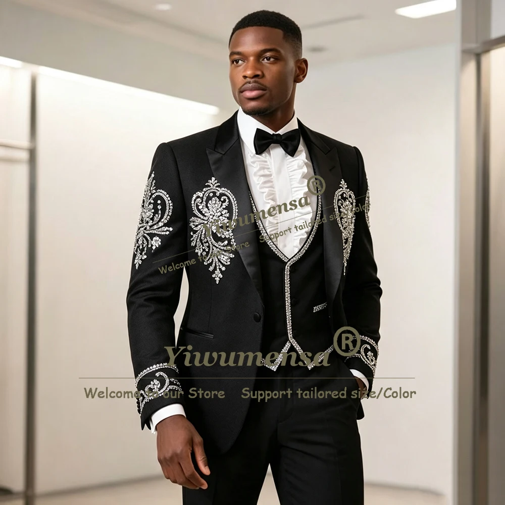 Luxury Men's Suit Formal Wear Sparkly Crystals Beading Jacket Vest Pants 3 Pieces Groom Wedding Tuxedo Customized Man Clothing