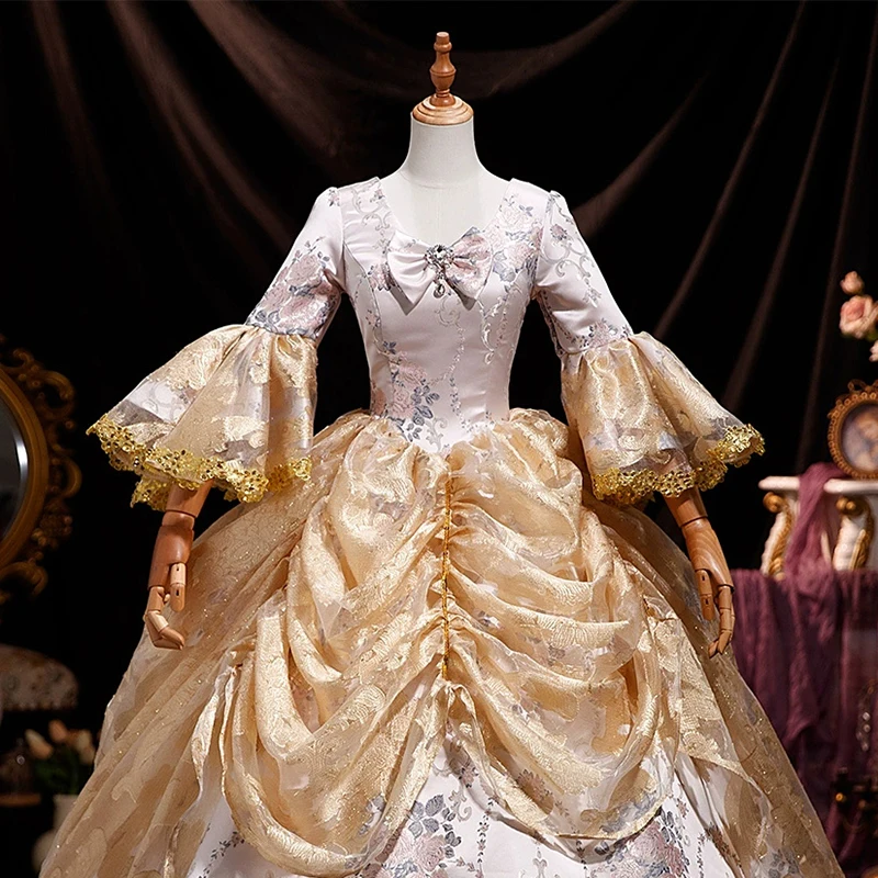 AnXin SH خمر الأميرة الذهبي الدانتيل زهرة الساتان الديكور القوس الأداء الخامس الرقبة مضيئة كم الكرة ثوب مخصص فساتين لحضور الحفلات الموسيقية