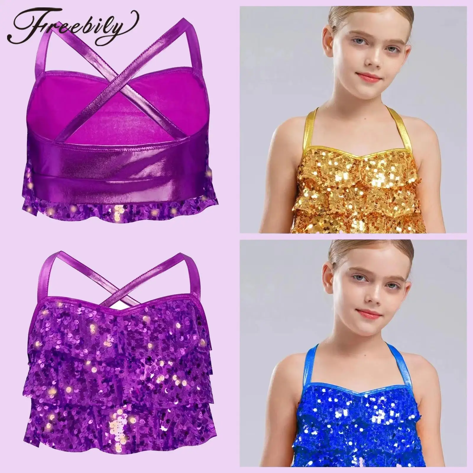 Children's Fashion Sequins Tops Kids Latin Jazz Dance Crop Top for Girls Disco Hip Hop Clothes Street Stage Performance Costume