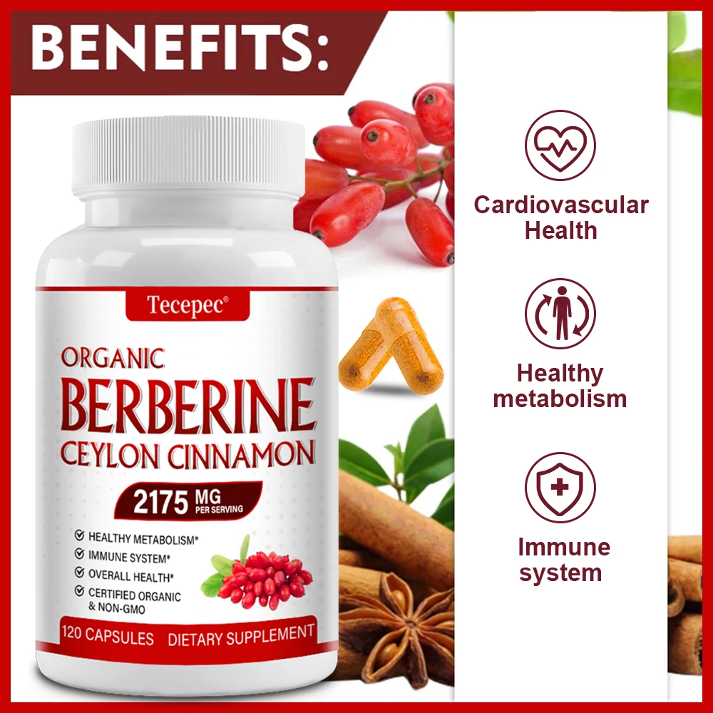 Organic Berberine with Ceylon Cinnamon 2175mg - Healthy Metabolism, Immune System, Overall Health, Non-GMO