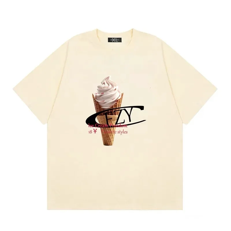 Desier CFZY Retro Ice Cream Letter Print Short Sleeve T-Shirt Unisex Summer Couple Match Half Sleeve Top