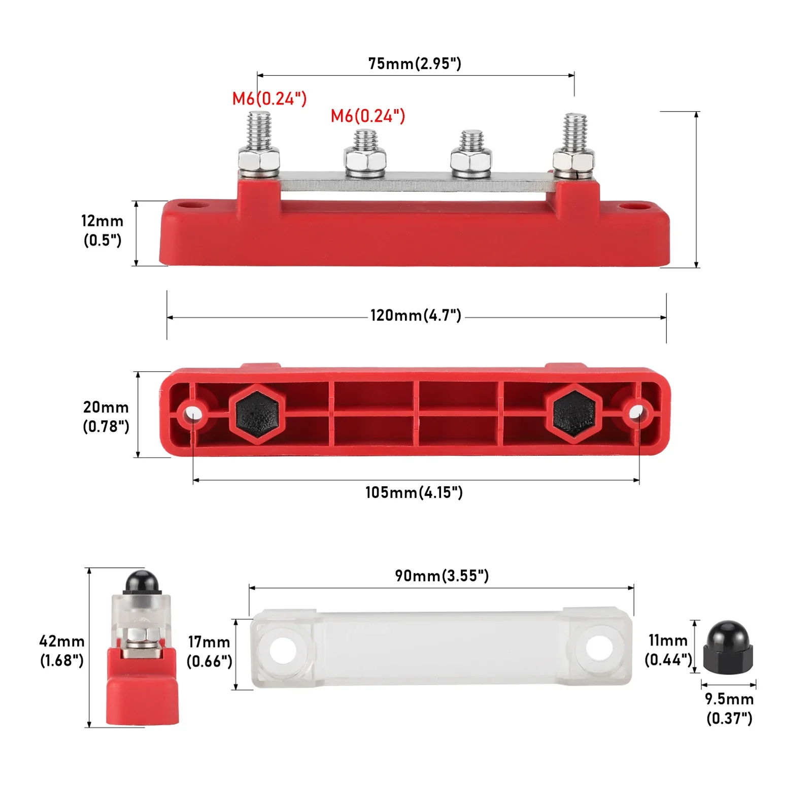 48V 150A Marine 8x1/4 M6 Power Distribution Block with Cover 12V-48V Busbar Terminal Block Battery Bus Bar Terminal Block view 2