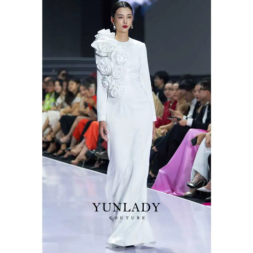 YUNLAN Vietnamese Luxury Bermaid 3D Rose Long Sleeve Evening Dress 2024 Elegant Dubai Bride White Wedding Dress Long Dress