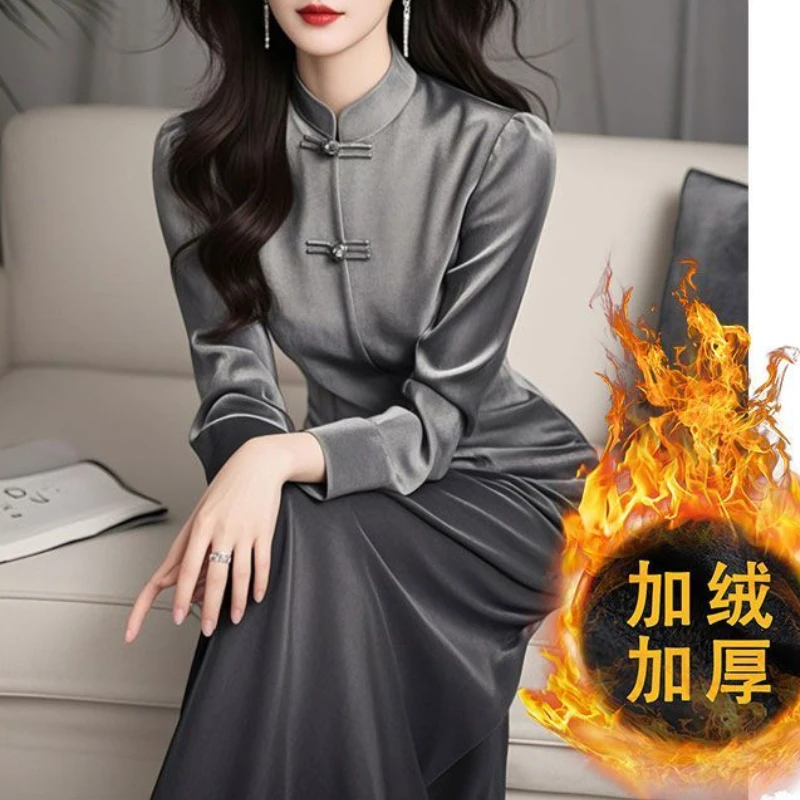 Herfst Lente Vrouwen Cheongsam Grijze Lange Fluwelen Jurk, Vrouw Slanke Chinese Stijl Casual Slanke Dikke Warme Fleece Velours Jurken