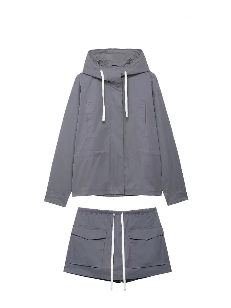 

HH женская элегантная однотонная куртка с капюшоном на молнии и длинными рукавами + эластичный пояс на шнурке, свободные карманы, рабочие брюки-кюлоты, шорты, костюм