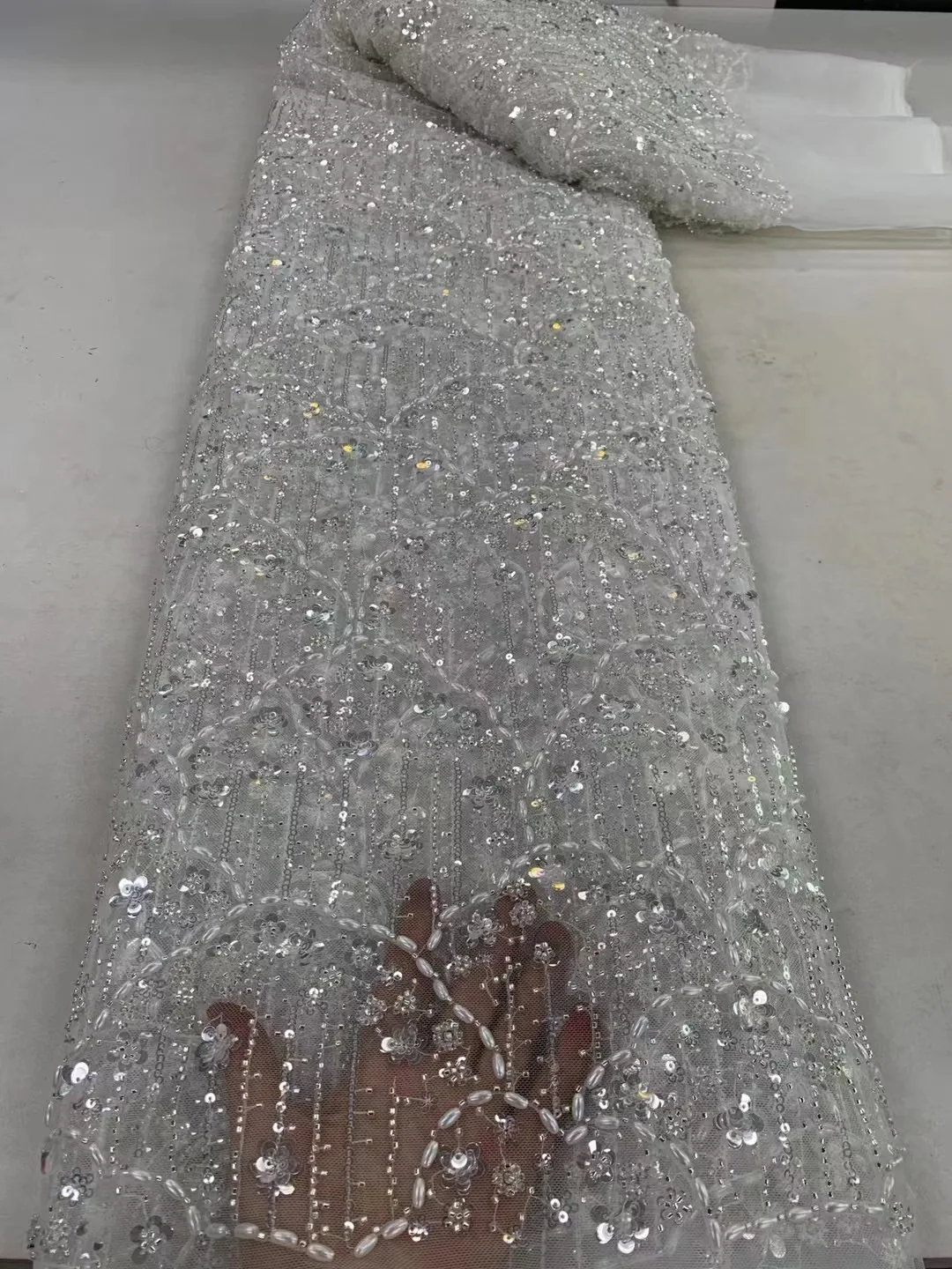

High Fashion Beaded Lace Wedding Dress Hand Crystal Beads Glitter Sequence Bridal Quality Tulle Mesh African Sewing Material