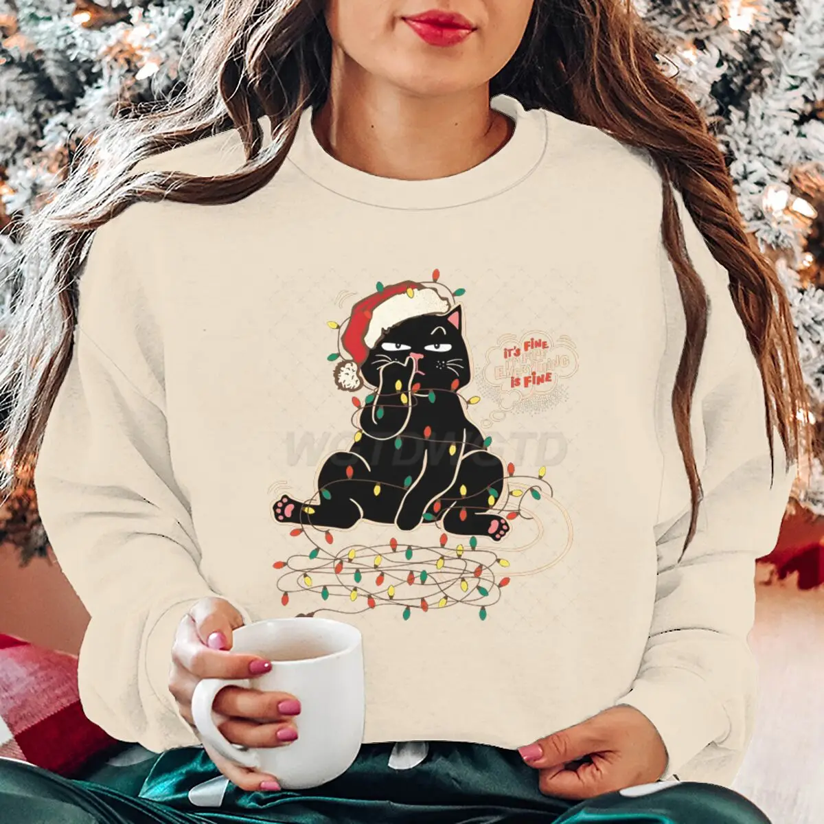Merry Christmas Cat Lights Cartoon Top Xmas Gift Outfits Top It's Fine I'm Fine Everything Is Fine Graphic Sweatshirts for Women