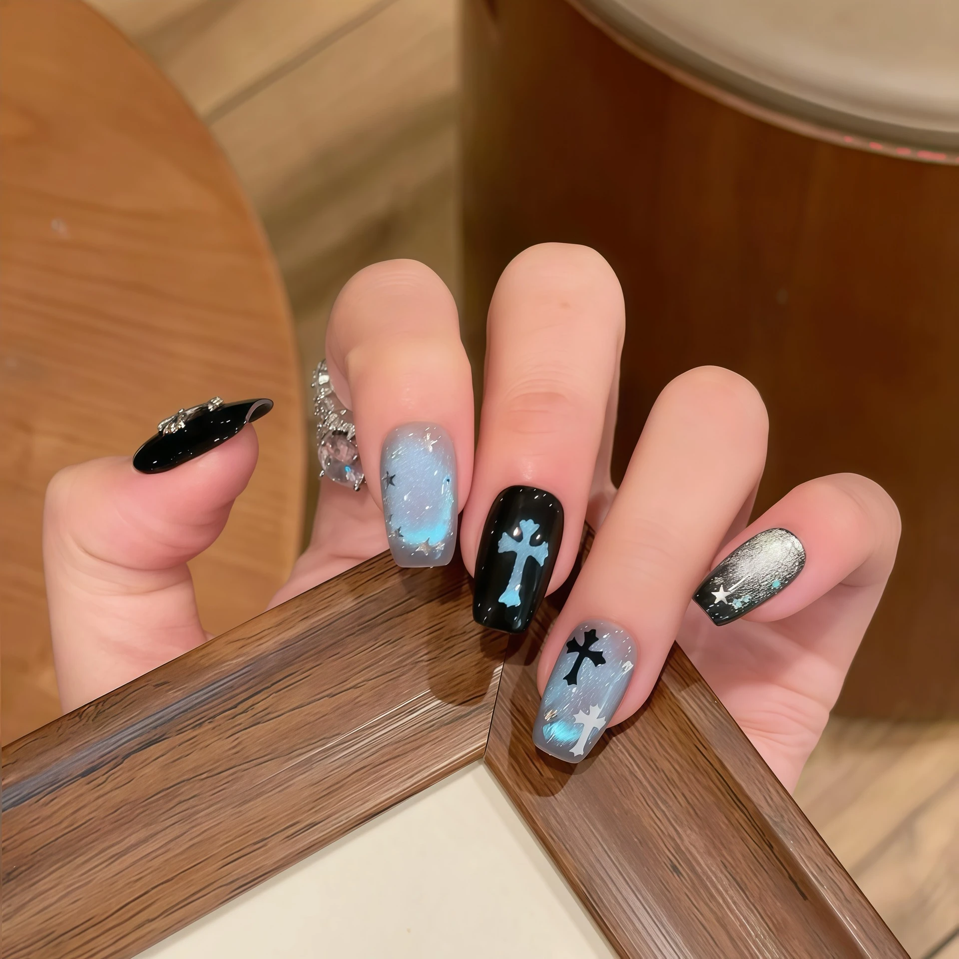 10Pcs Black Coffin Cat Eye Wearable Fake Nail Fashion Handcrafted Full Cover Press-On Nails High Quality Reusable Nail Tips