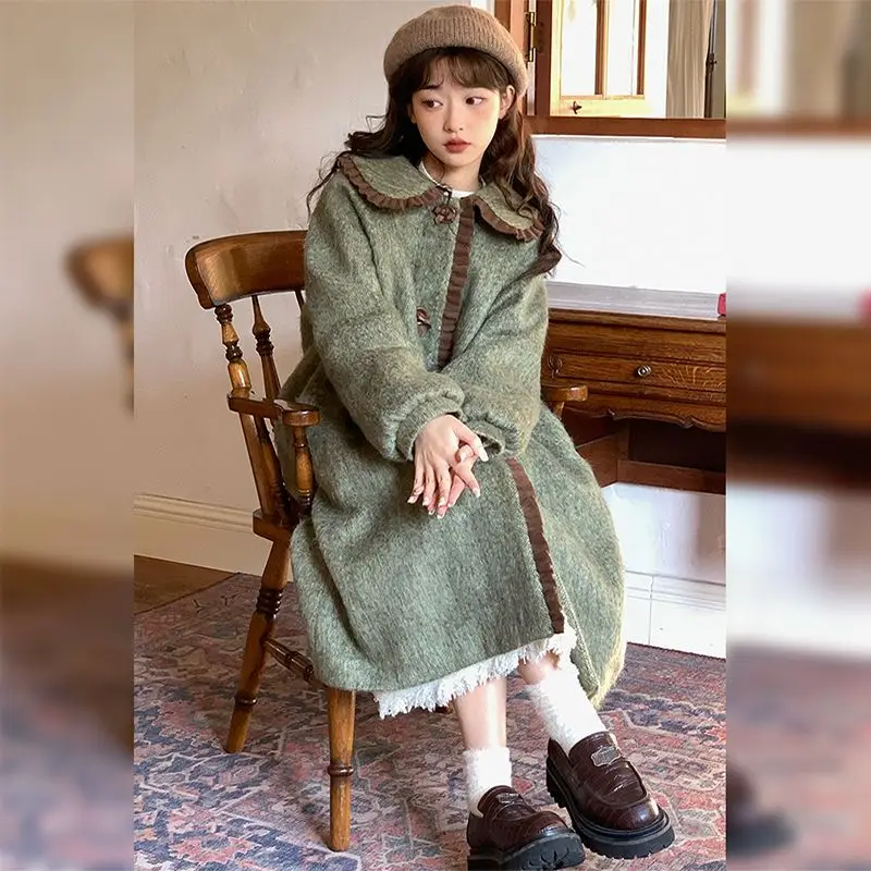 Japanese Style Vintage Thickened Long Tweed Coat Sweet Kawaii Doll Collar Embroidery Women Tweed Jackets 2025 Autumn Winter