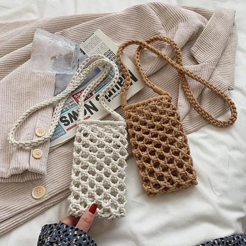 Fashion Hollow Out Woven Crochet Women Crossbody Phone Bag Solid Color Mini Shoulder Purse for Gift Daily Commute Weekend Outing