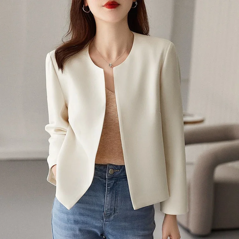 Women Fashion Blazer Korean Simple O Neck Coat Fall Office Lady Elegant Suit Thin Solid Classic Casual Long Sleeve Outerwear