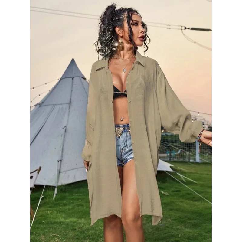 Casual Bamboo Cotton Long Sleeve Beach Shirt Cover Up for Women Bikini Swimsuit Outerwear Sun Protection Vacation Cardigan