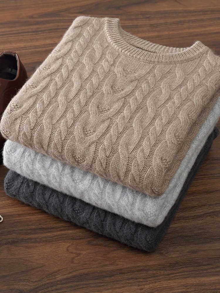 Sweter rajut leher O pria, kelas atas 100% Sweater kasmir murni Pullover rajutan kasual bunga memutar atasan tebal kemeja dasar Jacquard musim dingin