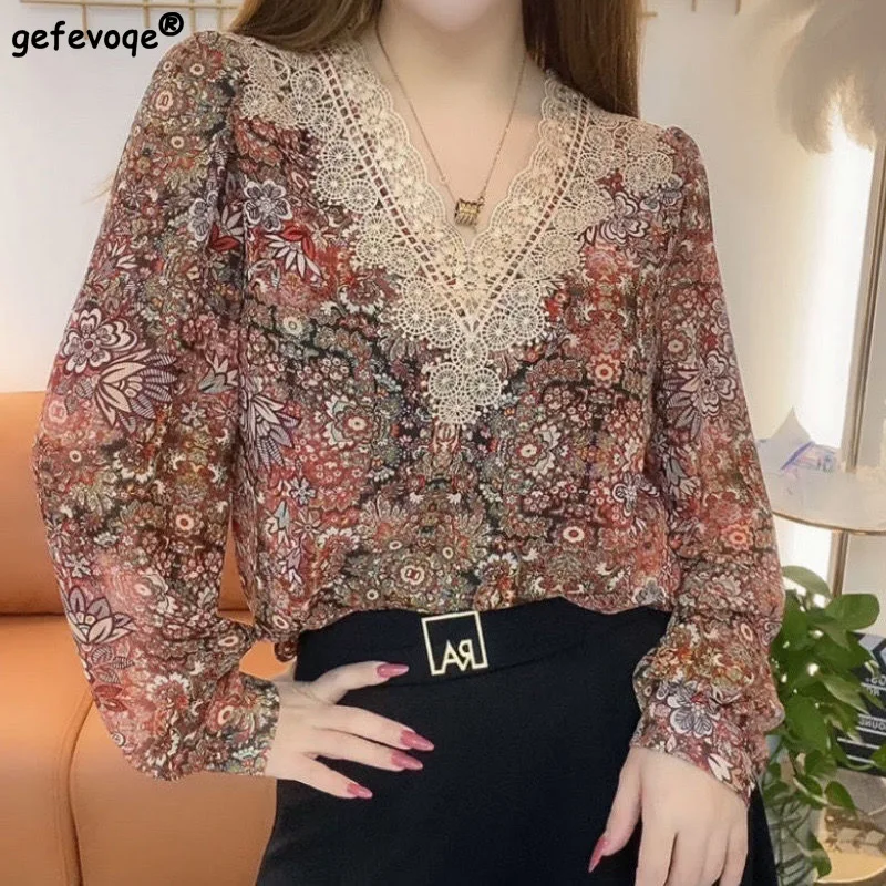 Blusa de chifón holgada de manga larga con cuello de pico para mujer, camisa de retazos de encaje con estampado informal, ropa elegante para