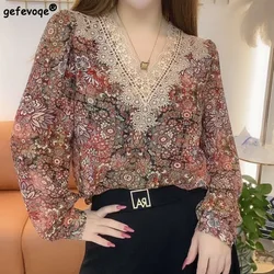 Summer New Fashion Casual Print Lace Patchwork Shirts V Neck Long Sleeve Loose Chiffon Blouses Elegant Office Women Clothing