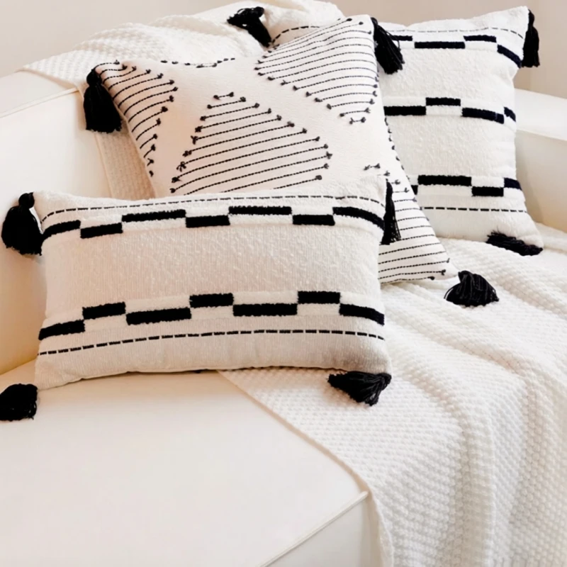 Nordic Minimalist Throw Pillow Covers 30x50/45x45cm Black White Embroidery Decorative Cushions with Tassel for Home Sofa Chair
