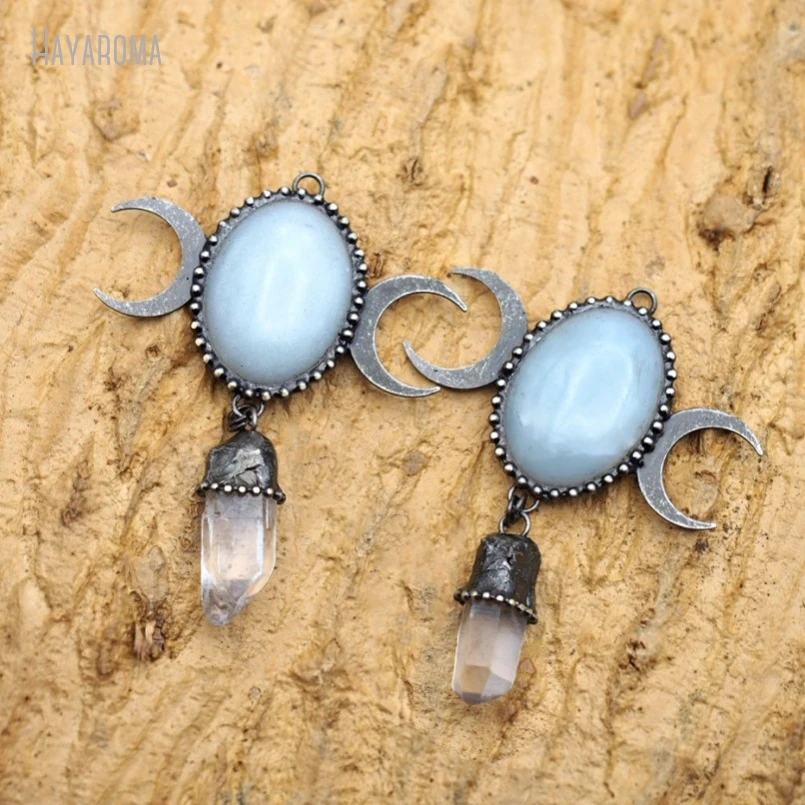 Imagem -05 - Antigo Cor Prata Oval Pingente Crystal Clear Amazonite Vintage Boho Bruxa Jóias Artesanais Lua Crescente Pm50075 10 Pcs