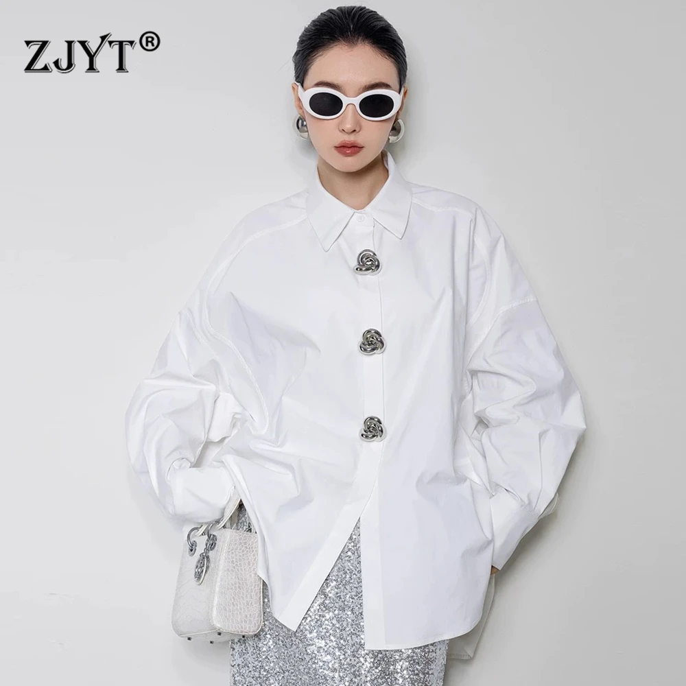 

ZJYT 100% Cotton White Loose Blouses for Women Spring 2026 Elegant Batwing Sleeve Casual Shirt Female Ladies Tops Office Wear
