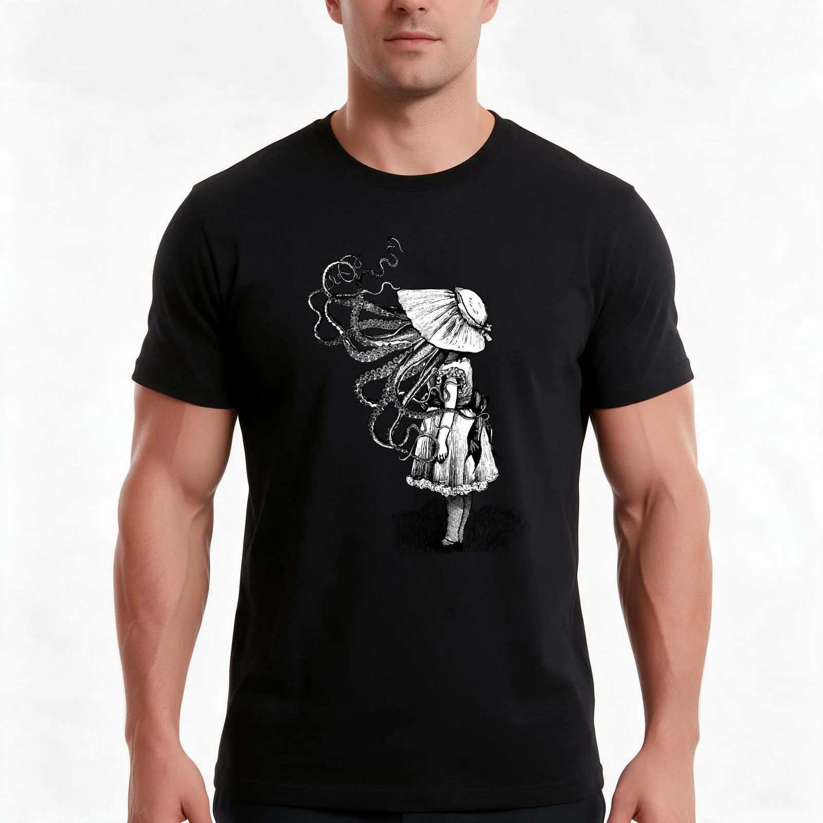 Victorian Squid faced girl T-Shirt, Summer Casual Cotton Tee, Oversized Streetwear Tops, Vintage Graphic Print, Unisex Men Women