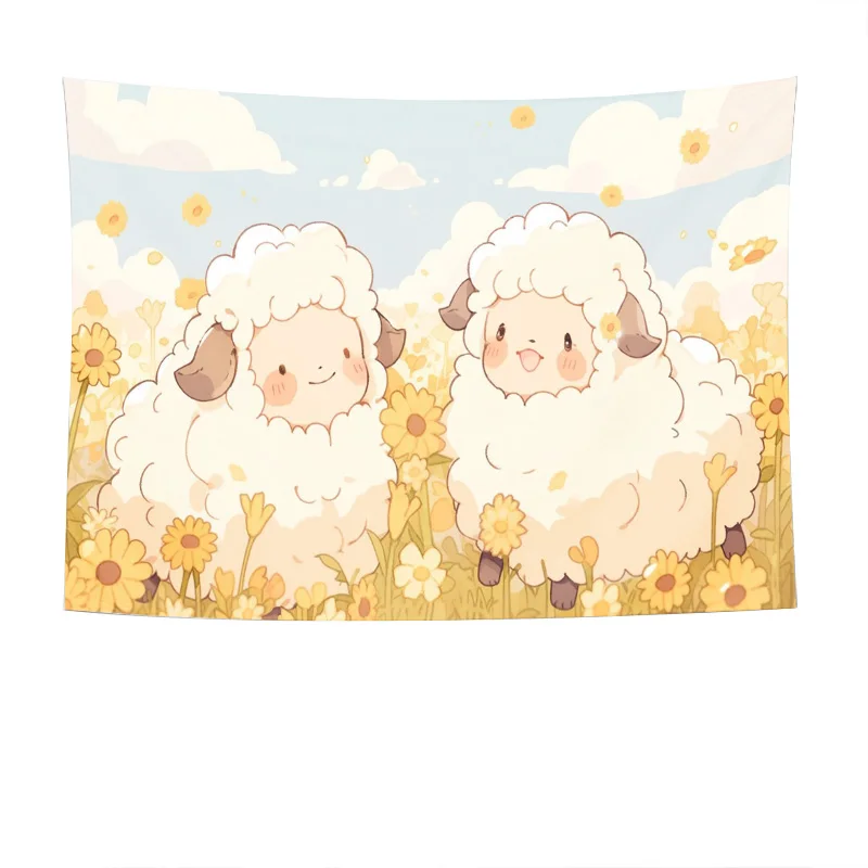 "Cute Cartoon Lamb Tapestry - Warm and Playful Children's Bedroom Decorative Hanging Rug"
