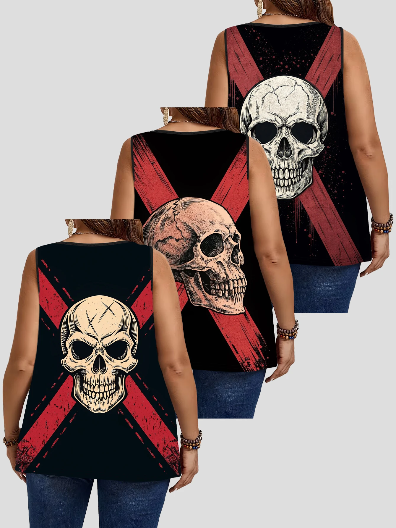3-Piece Set of Plus-Size Sleeveless Vests with Vintage Distressed Red and Black Cross Skull Print, American Dark Style Loose-Fitting Tank Tops That Cover the Body