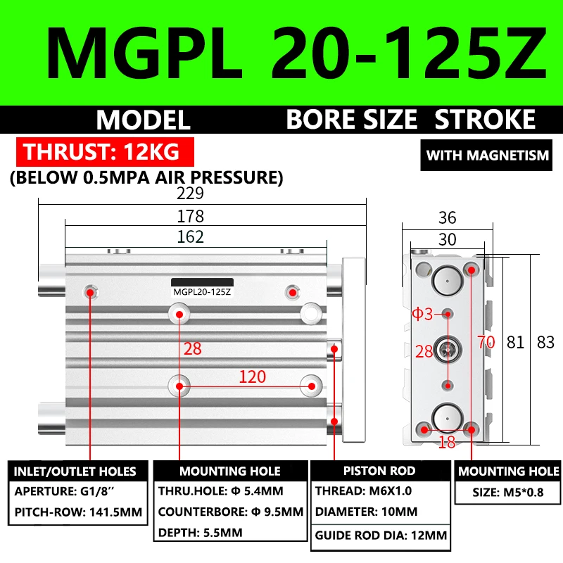 

ABILKEEN MGPL Series Pneumatic Compact Guide Cylinder MGPL20-125Z 20MM Bore X 125MM Stroke Three Axis Three Rod Air Cylinder
