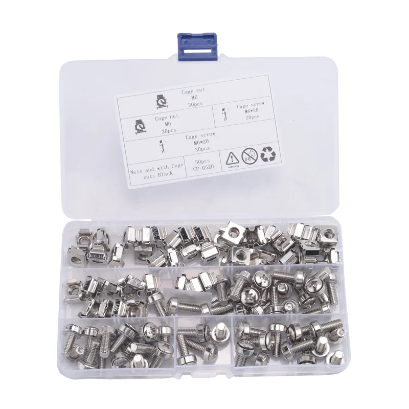 A97g 50 conjuntos de porcas de gaiola de hardware de furo quadrado m6 e arruelas de parafusos de montagem para rack de servidor e gabinete (m6 x 20mm) (parafuso + arruela + gaiola