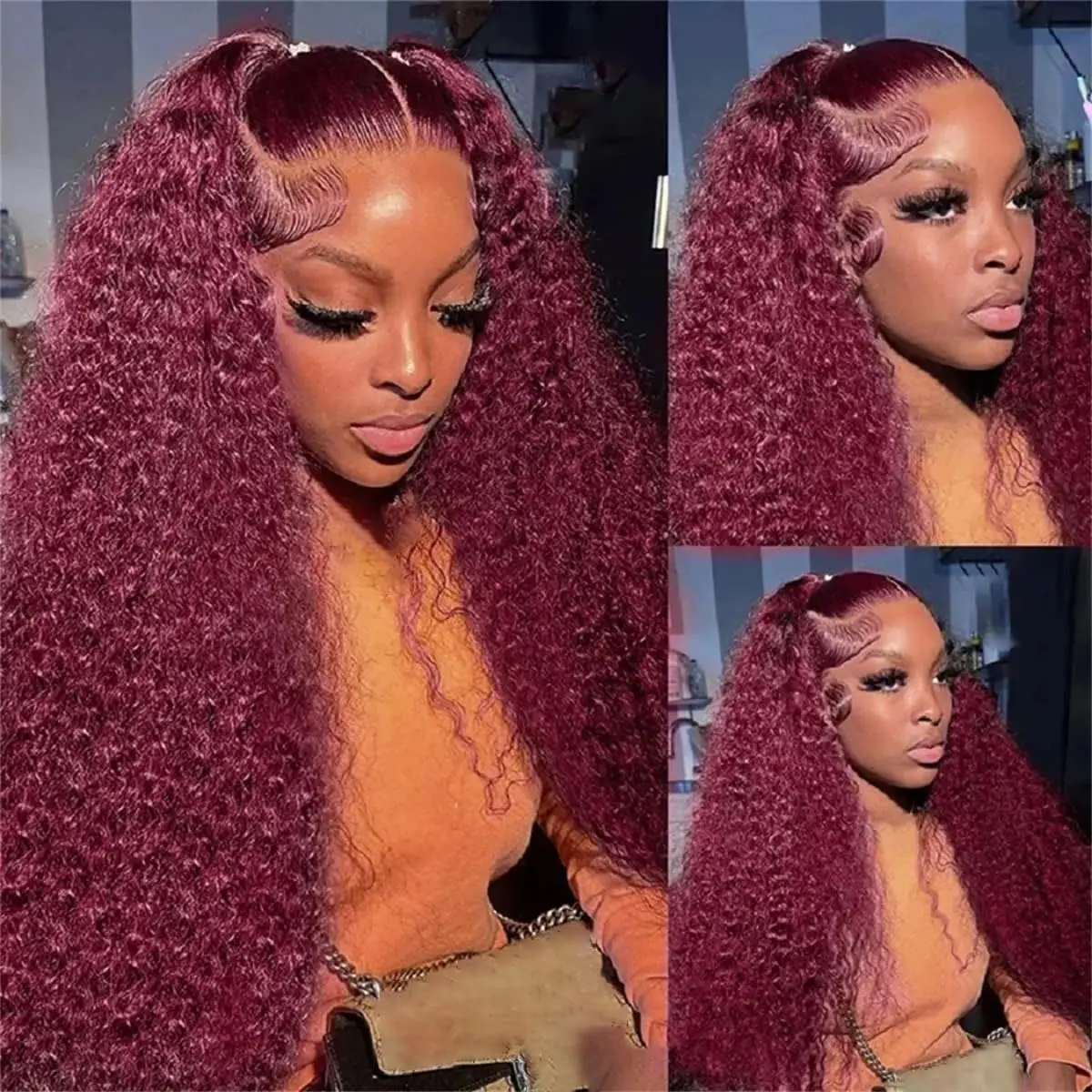 Perruques Deep Wave HD Lace Front Wig sans colle pour femmes, perruques bouclées, cheveux humains, bordeaux, densité 200% 99J, 13x6