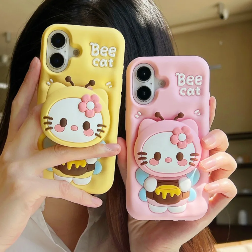 For iPhone 15 12 Pro 16 13 14 Pro Max 14 15 Plus 11 XR 3D Bee Hello Kitty Face Grip Tok Holder Cartoon Silicon Soft Phone Case