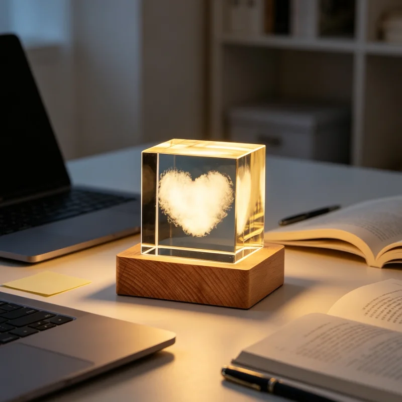 3D Laser Engraved Heart Crystal Cube with Wooden Base Desktop Decoration Romantic Gift for Anniversary Birthday Home Decor