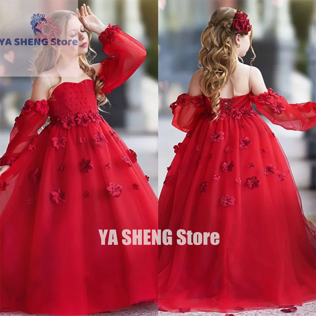 

Red Flower Girls Dresses sheer jewel long sleeves girl Pageant Gowns toddler First Communion Dress floor length appliqued Kids F