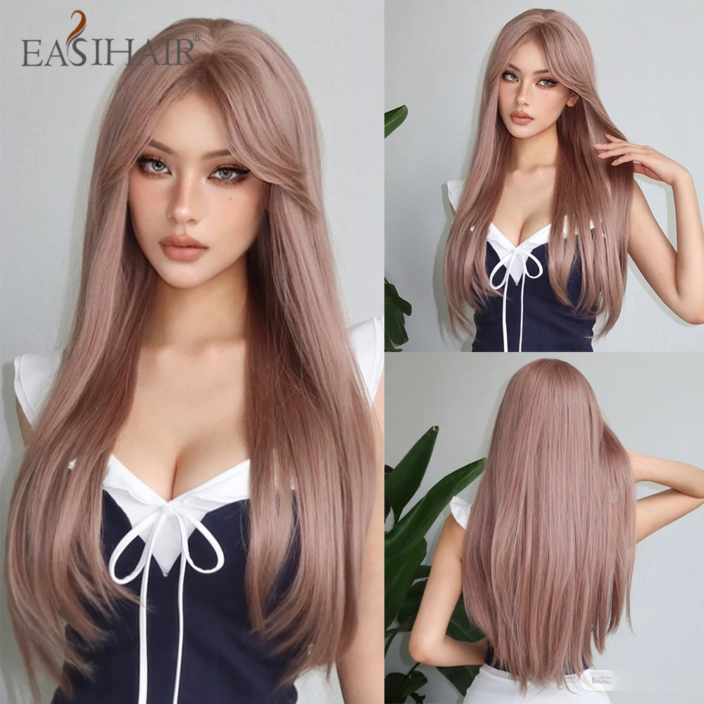 EASIHAIR Lange seidige gerade synthetische Perücken mit Pony, schwarze Cosplay-Party-Lolita-Haarperücken für Frauen, natürliche hitzebeständige Perücke