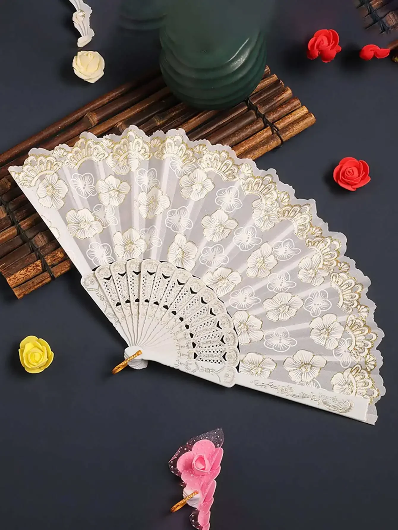 

Breezier White Cherry Blossom Hand Fan With Gold Foil Print, Suitable For Home Use