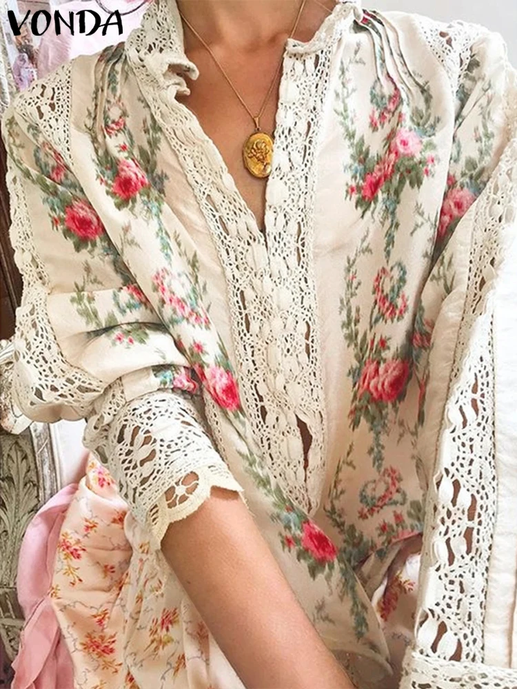 

VONDA Women Lace Splicing Shirts 2025 Fashion Open Up Loose Lapel Long Sleeve Blouses Floral Printing Casual Bohemian Blusas