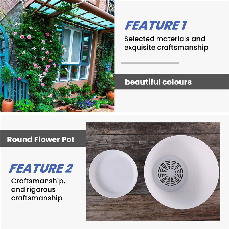A59E-Plastic Plant Flower Pot Planter With Saucer Tray Round Gloss Home Garden Decor, White Upper Caliber -, 17Cm / 6.69"
