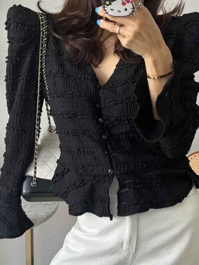 Slim Fit V-Ne Pieghettato Bell Sve irt Donna Chic Retro Primavera Nuovo Sle Lungo Sve Materiale sottile Lunghezza regolare irt