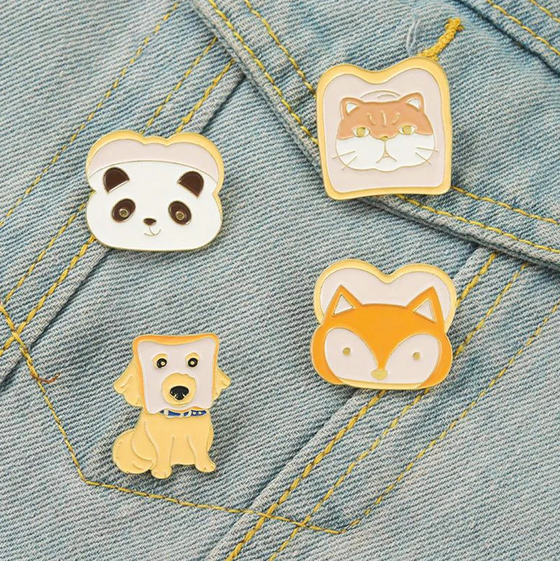 Cat Dog Fox Panda Pin Lapel Badge Fun Cartoon Jewelry Gift for Kid Friend Toast Animal Enamel  Brooch Custom Breakfast Toast