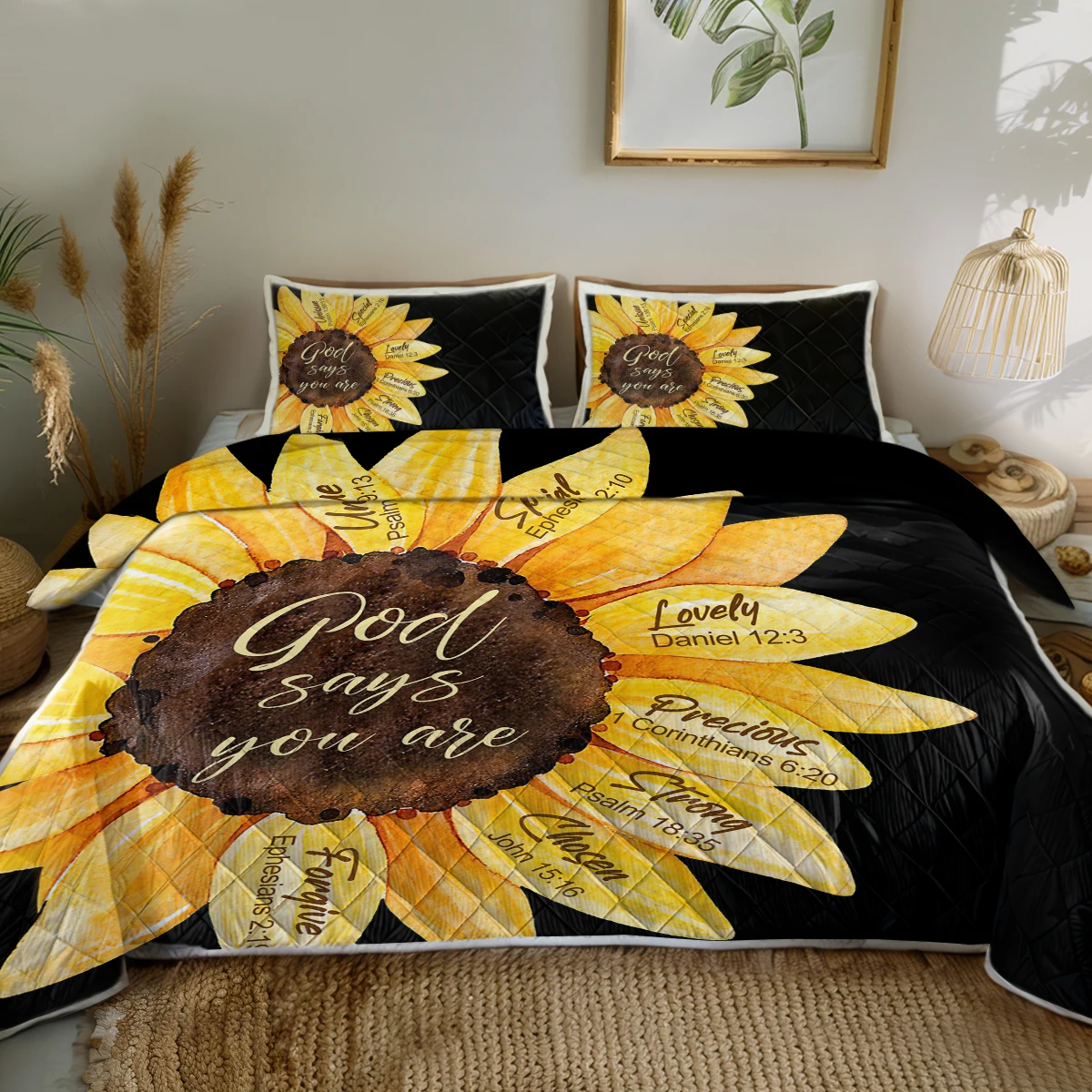 

3PCS Huge Sunflowers with Words Printed Quilt Set Comforter With 2 Pilowcases For Kids and Adults Bedroom