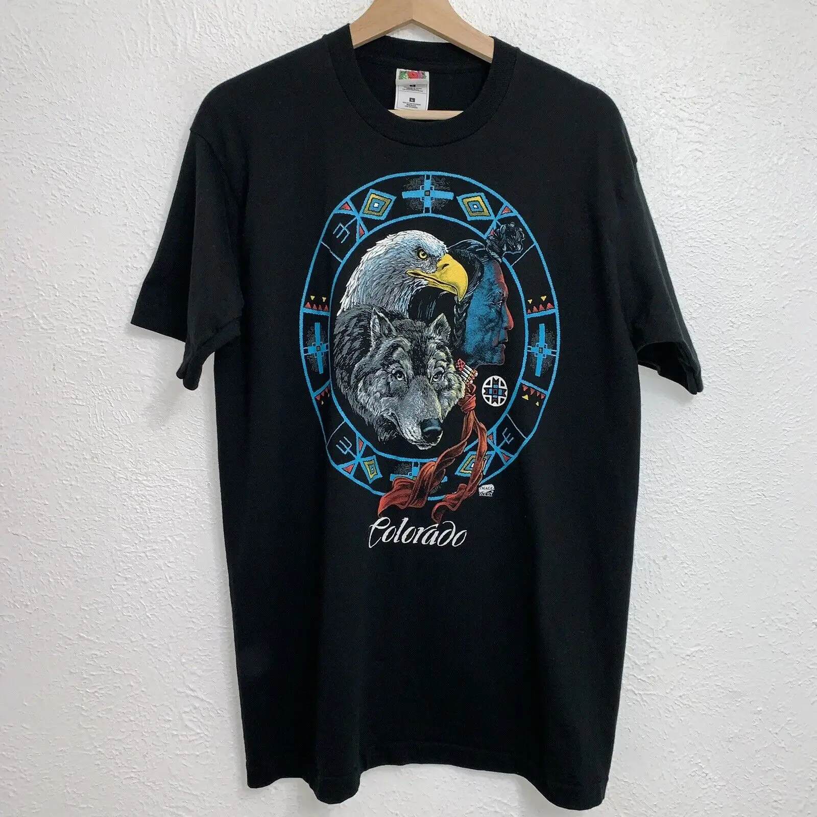 Vintage Wolf Bald Eagle Native Colorado Tee Black T-Shirt 90s USA Made Sz Large