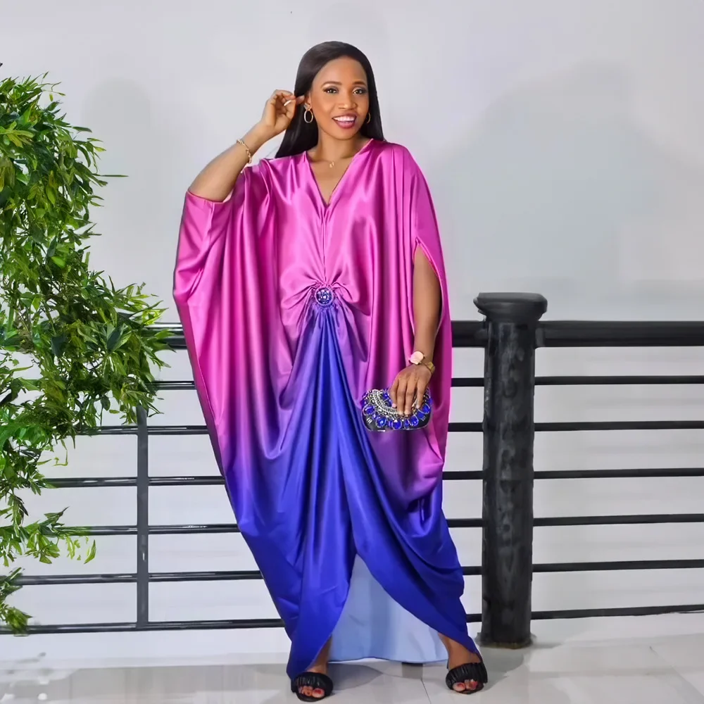 African Fashion Loose Robe Rayon Fabric Bat-Sleeve V-Neck Dress African Evening Dress Satin Dashiki for Women 2025 Summer Dress image 2