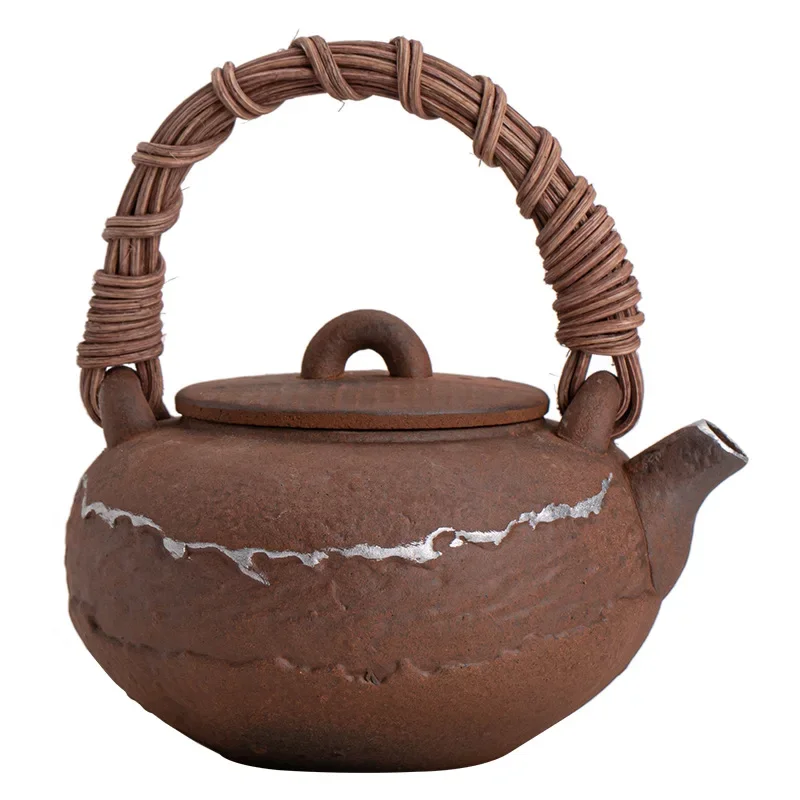 Empty Zhai Mugu Loop-Handled Teapot Old Rock Clay Handmade Retro Tea Making Clay Pot Household Stoneware Tea Infuser Tea Kettle