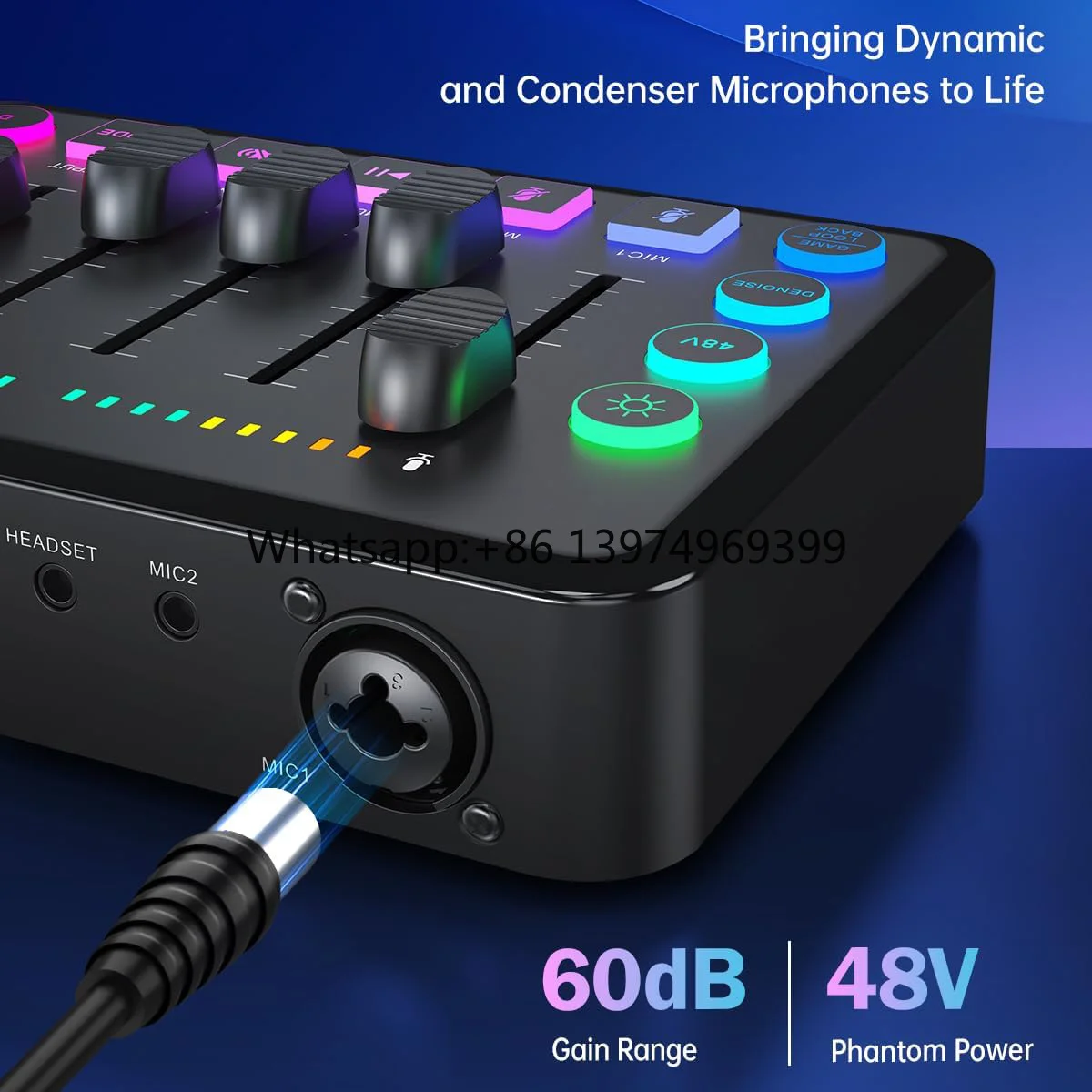 Перезаряжаемый 48В RGB-микшер с фантомным питанием, аудиоинтерфейс, XLR-микрофон с функцией шумоподавления, возможность записи подкастов.