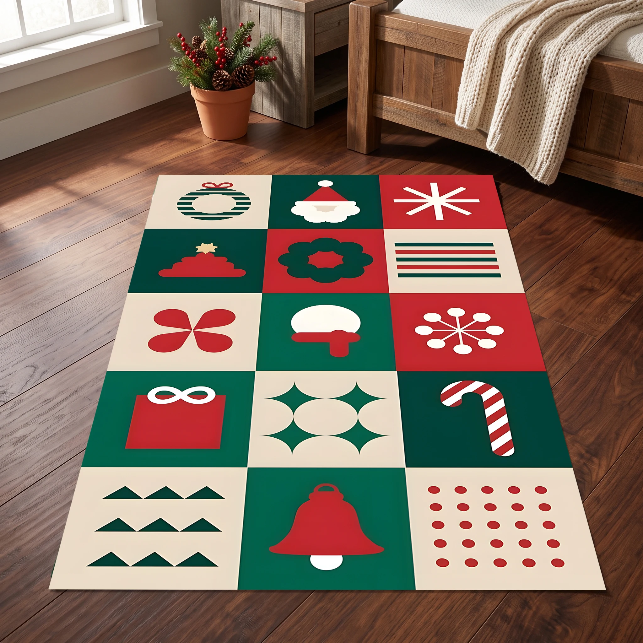 Velvet Rug Classic Christmas Element Plaid Retro Playful Style for Entryway Living Room Bedroom Bedside Decor
