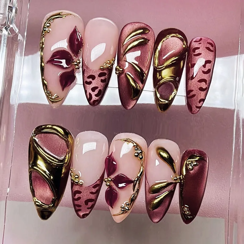 

24Pcs Mid-length Almond False Nails Leopard Print Cat's Eye French Press on Fake Nails 3D Flower Wearable Full Cover Nails Tips