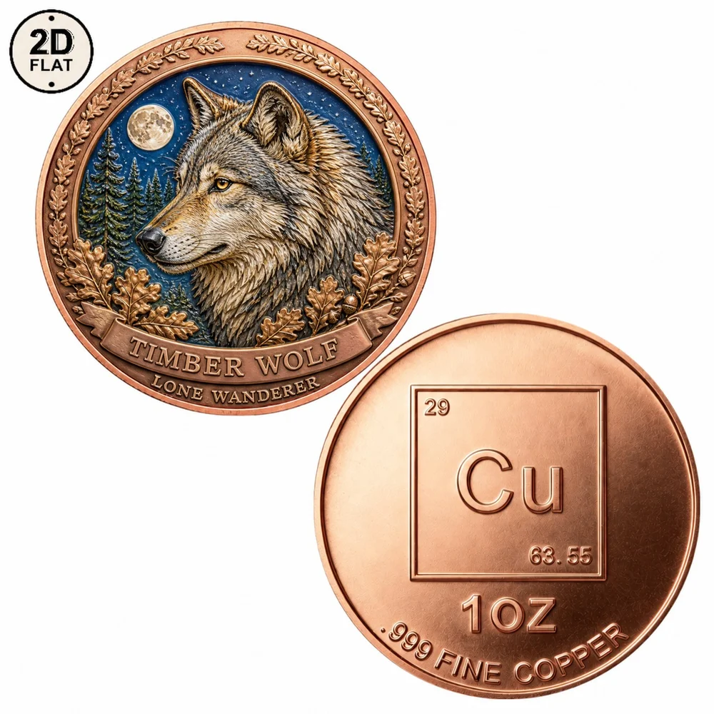 1pc Timber Wolf Lone Wanderer 1oz Fine Copper Challenge Coin 2D Print Night Wilderness Wolf Collectible Medal for Wildlife Fans